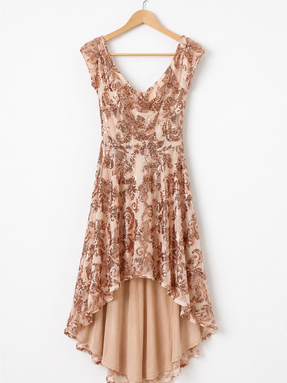 AKIRA Floral Paisley Blush Rose Gold Sequin High-Low Dress